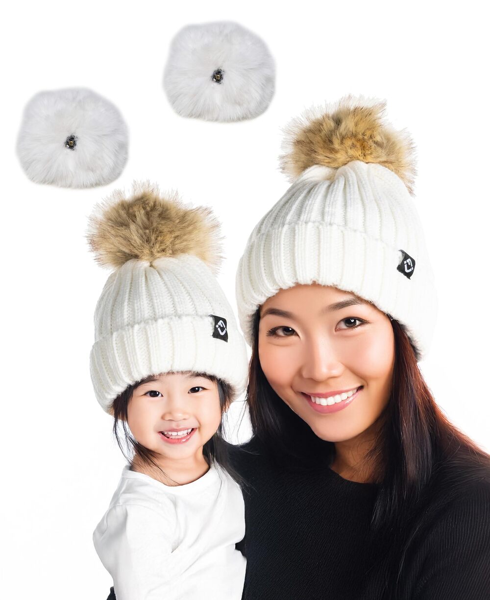 8601 Matching Adult/Toddler Bundle - Detachable Pom Beanie - Ivory 2 Pack